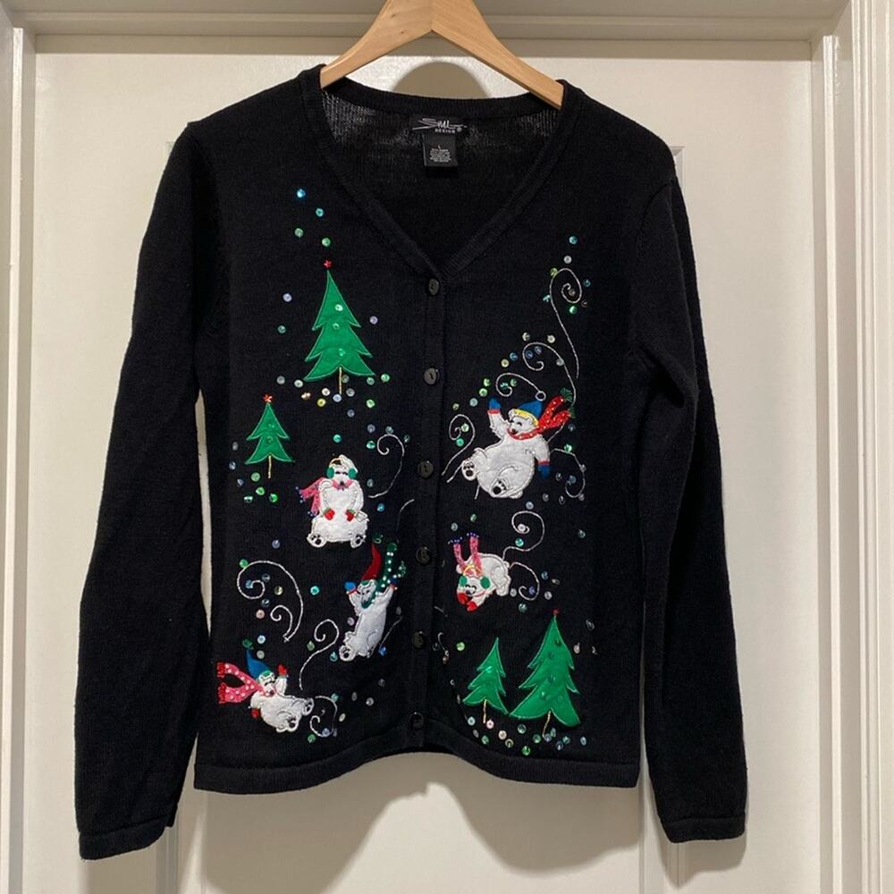 SML Design Christmas Sweater Large Snowmen Embroidered Cardigan Cottagecore